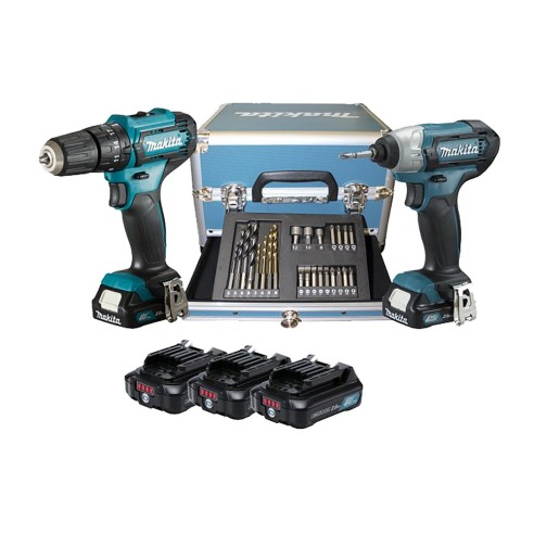Kit Makita: HP333D (avvitatore percussione) + TD110D (avvit. ad impulsi) + 3 batterie BL1021B (12V 2.0Ah) + caricabatterie + 23 