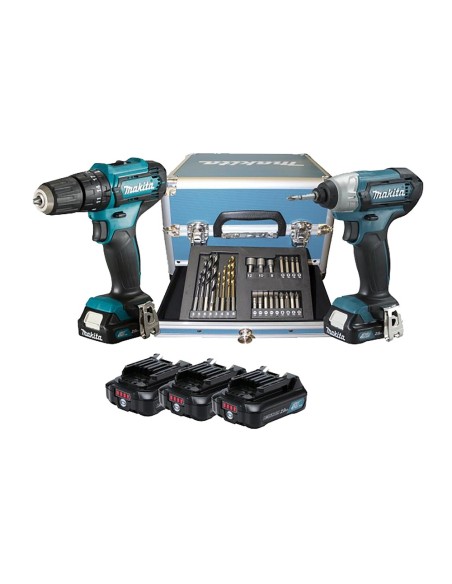 Kit Makita: HP333D (avvitatore percussione) + TD110D (avvit. ad impulsi) + 3 batterie BL1021B (12V 2.0Ah) + caricabatterie + 23 