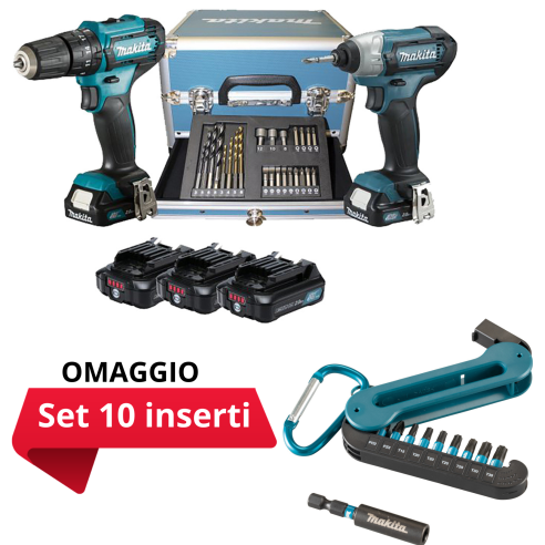 Kit Makita: HP333D (avvitatore percussione) + TD110D (avvit. ad impulsi) + 3 batterie BL1021B (12V 2.0Ah) + caricabatterie + 23 