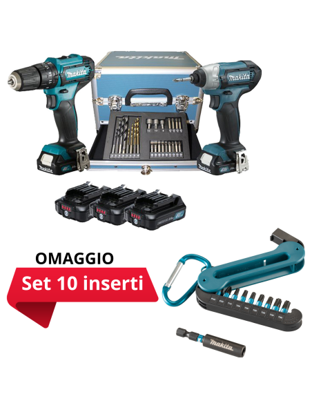 Kit Makita: HP333D (avvitatore percussione) + TD110D (avvit. ad impulsi) + 3 batterie BL1021B (12V 2.0Ah) + caricabatterie + 23 