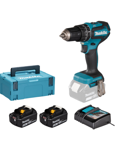 Avvitatore a percussione DHP485RTJ Makita 18V, 60Nm completo di 2 batterie BL1830B (18V 3.0Ah) + caricabatterie