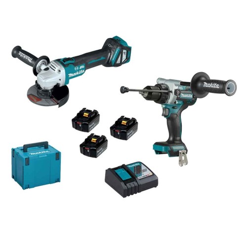 Combo kit Makita: DHP486 avvitatore a percussione 130Nm + DGA513 smerigliatrice angolare + 3 batterie (18V 5.0Ah) + caricabatter