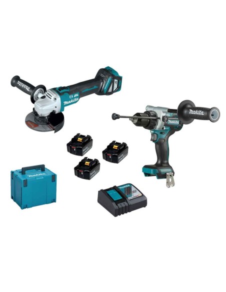 Combo kit Makita: DHP486 avvitatore a percussione 130Nm + DGA513 smerigliatrice angolare + 3 batterie (18V 5.0Ah) + caricabatter
